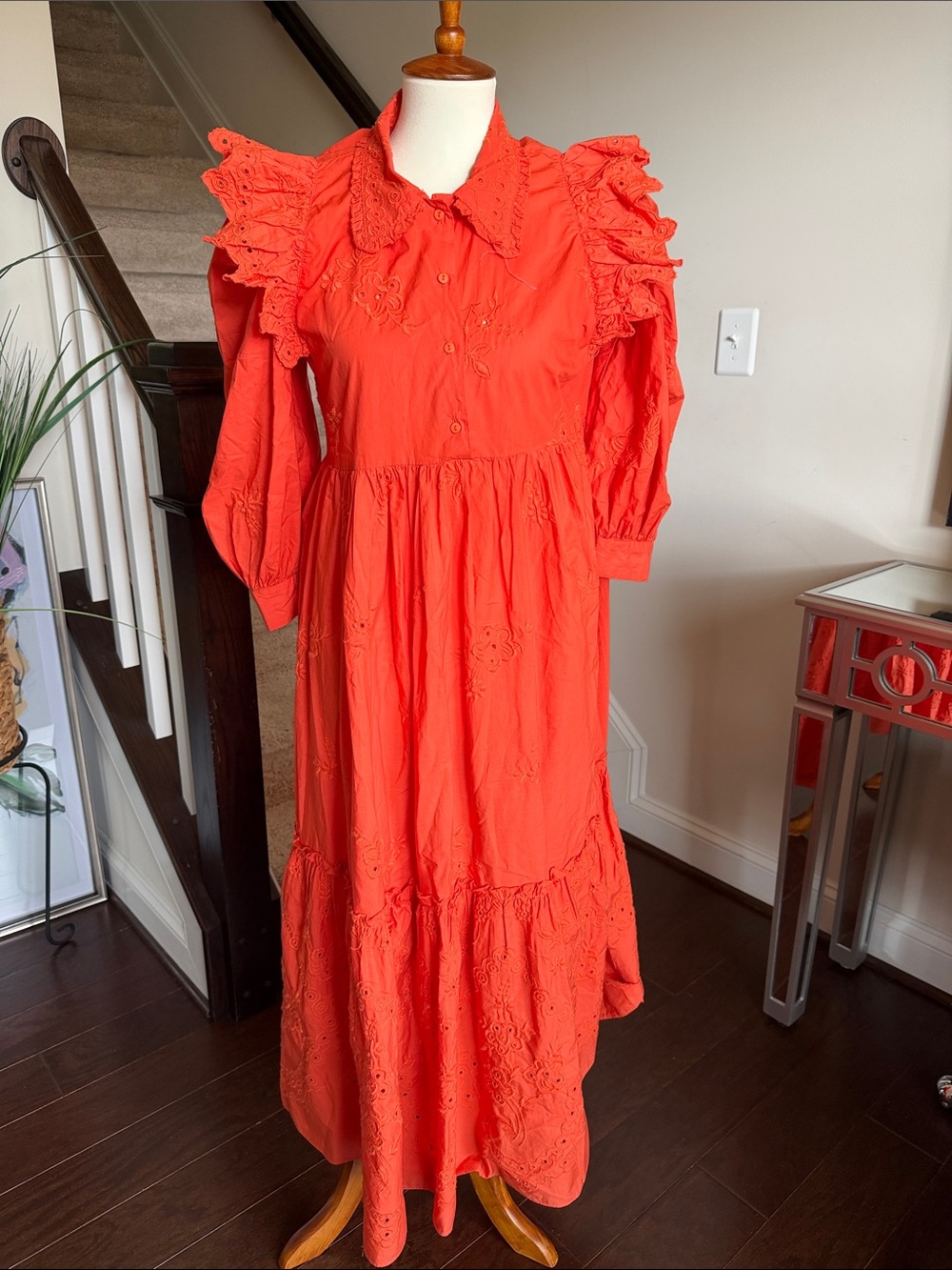 Zara Coral Eyelet Maxi Dress with Ruffled Shoulders